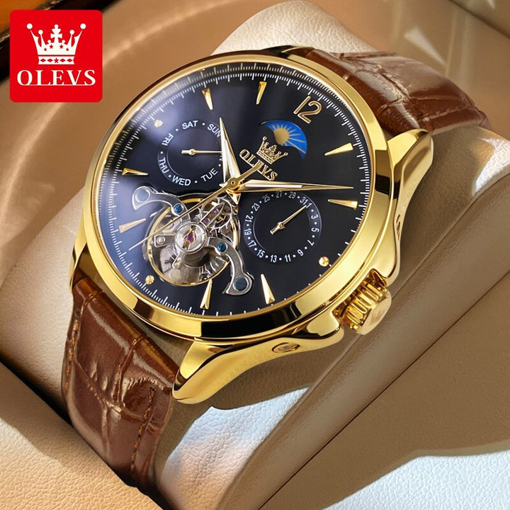 Olevs relógios masculinos mecânicos de luxo à prova d' água fase da lua data esqueleto pulseira de couro de aço inoxidável relógio masculino automático