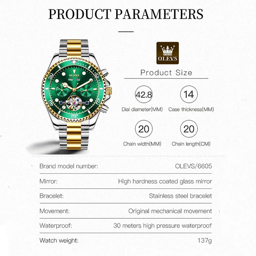 OLEVS Original Automatic Mechanical Watch for Men - Big Dial Skeleton Hollow