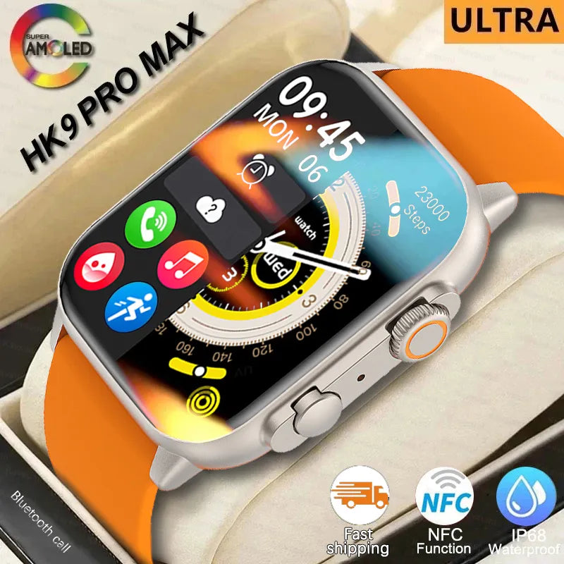 2023 hk9 ultra smartwatch das mulheres dos homens amoled tela hd freqüência cardíaca pressão arterial nfc bluetooth chamada relógio inteligente para apple huawei