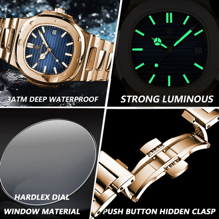 POEDAGAR NAUTILUS- Luxury Square Quartz Watch - Business, Waterproof, Luminous, Stainless Steel