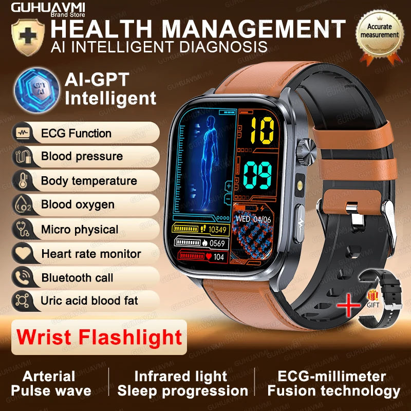 2025 New AI Intelligent ECG Health Smartwatches Men Blood Lipids Uric Acid Heart Rate 2.5D Dynamic UI Bluetooth Call Smart Watch