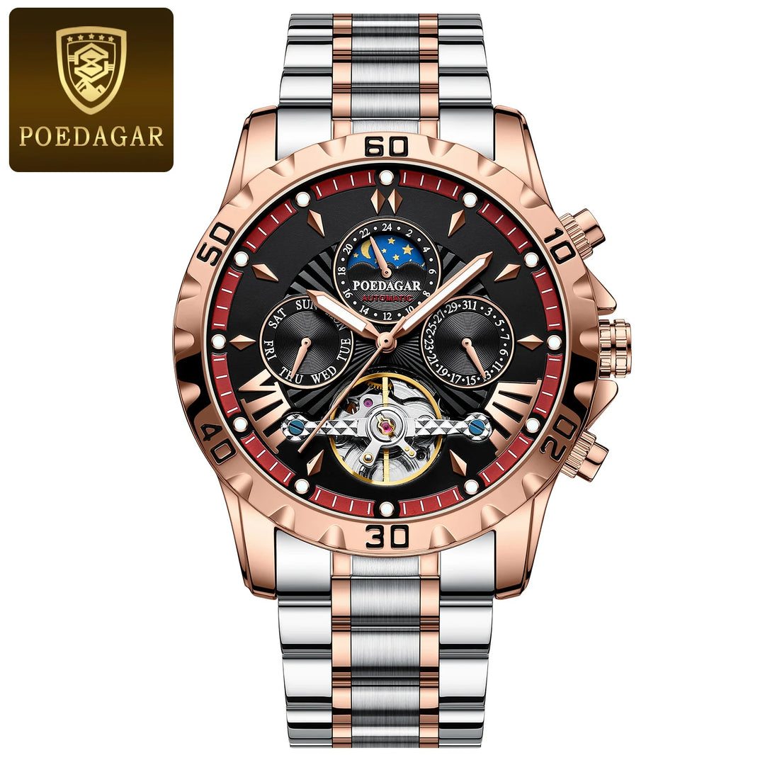 POEDAGAR Luxury Automatic Mechanical Men Watch Hollow Tourbillon Waterproof Luminous Male Clock Week Date Business Men's Watches
