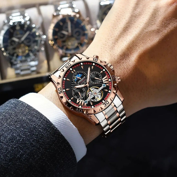 POEDAGAR Luxury Automatic Mechanical Men Watch Hollow Tourbillon Waterproof Luminous Male Clock Week Date Business Men's Watches