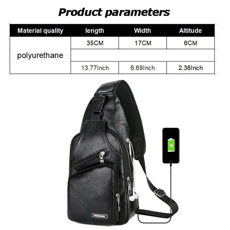 Bolsa de peito para carregamento USB com orifício para fone de ouvido