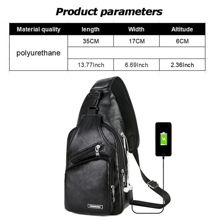 Bolsa de peito para carregamento USB com orifício para fone de ouvido