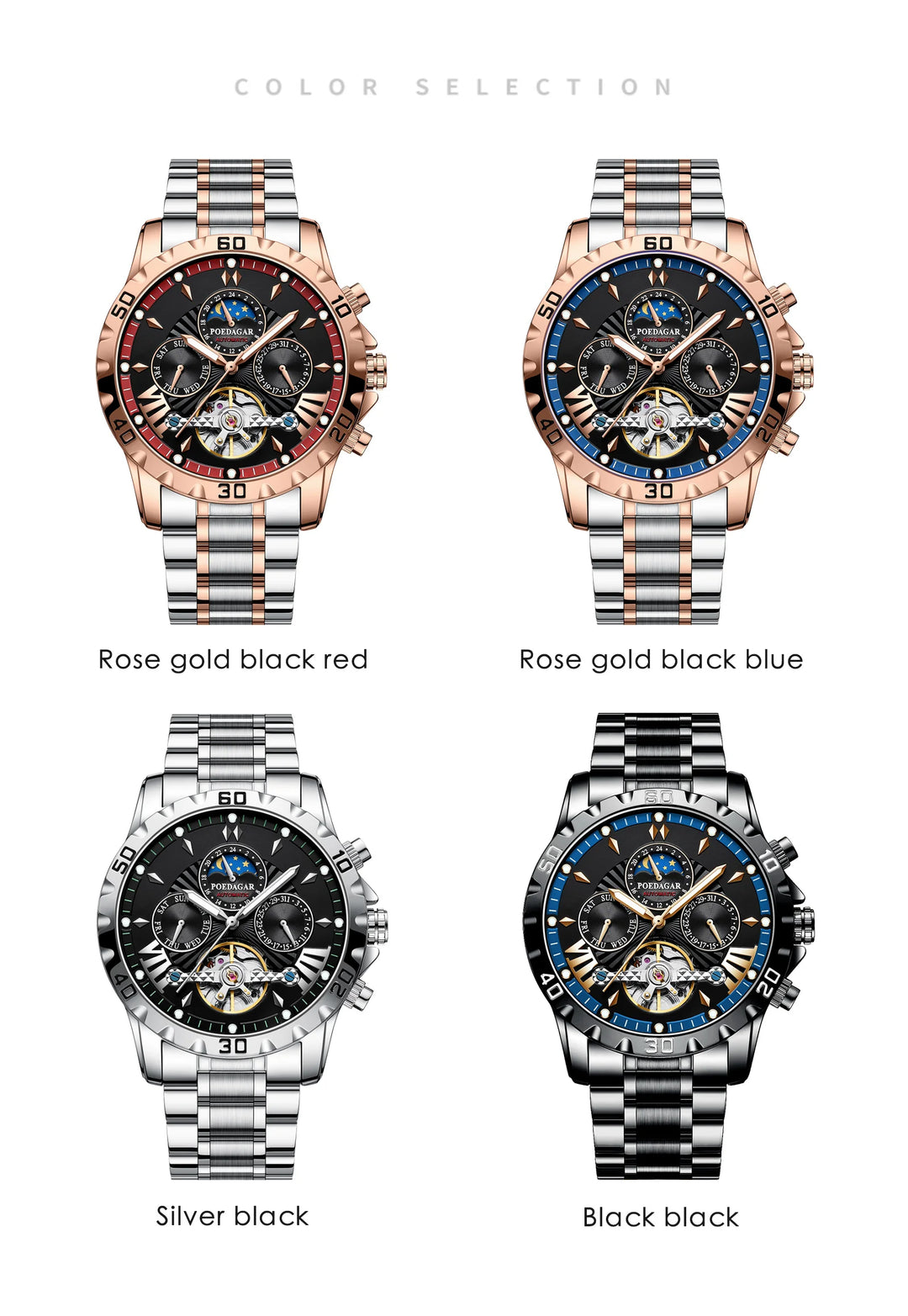 POEDAGAR Luxury Automatic Mechanical Men Watch Hollow Tourbillon Waterproof Luminous Male Clock Week Date Business Men's Watches