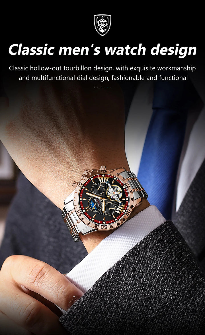 POEDAGAR Luxury Automatic Mechanical Men Watch Hollow Tourbillon Waterproof Luminous Male Clock Week Date Business Men's Watches