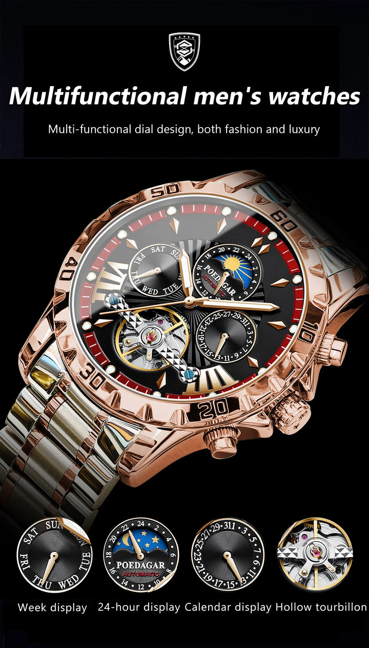 POEDAGAR Luxury Automatic Mechanical Men Watch Hollow Tourbillon Waterproof Luminous Male Clock Week Date Business Men's Watches