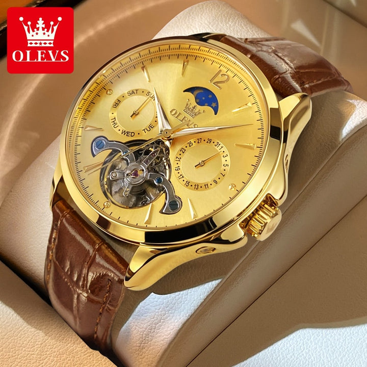 OLEVS Men Watches Mechanical Luxury Waterproof Moon Phase Date Skeleton Stainless steel Leather Strap Automatic Men's Watch