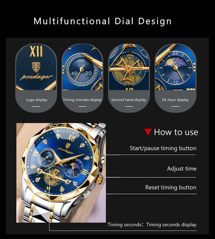 POEDAGAR Luxury Man Wristwatch Waterproof Luminous Chronograph Watch for Men