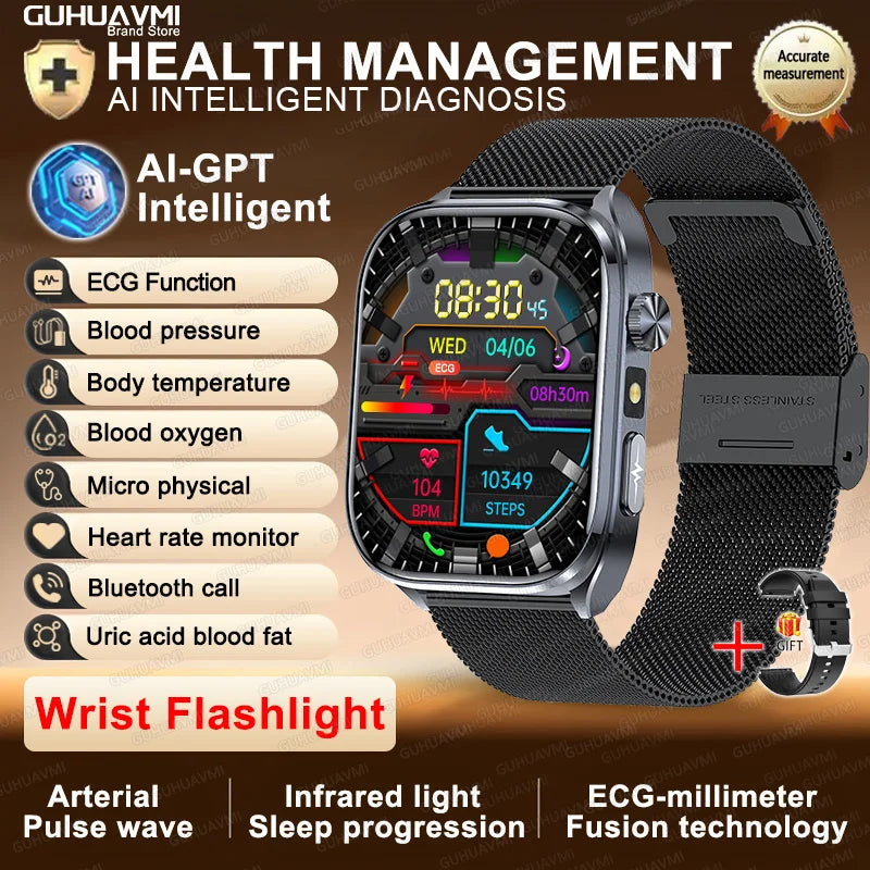 2025 New AI Intelligent ECG Health Smartwatches Men Blood Lipids Uric Acid Heart Rate 2.5D Dynamic UI Bluetooth Call Smart Watch