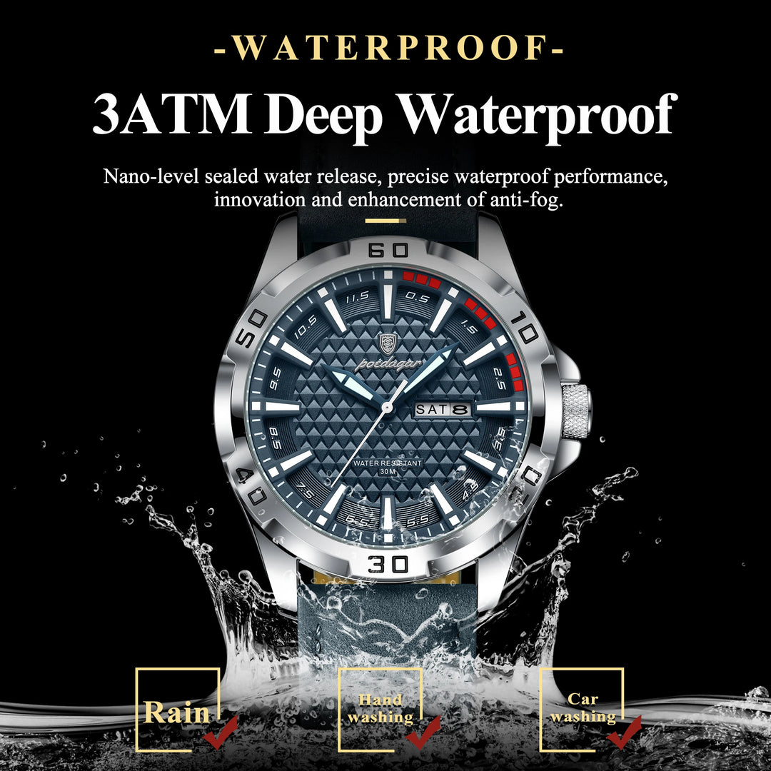 POEDAGAR Original Man Wristwatch Top Luxury Waterproof Luminous Date Week Watch For Men Quartz Sport Leather Men's Watches Reloj