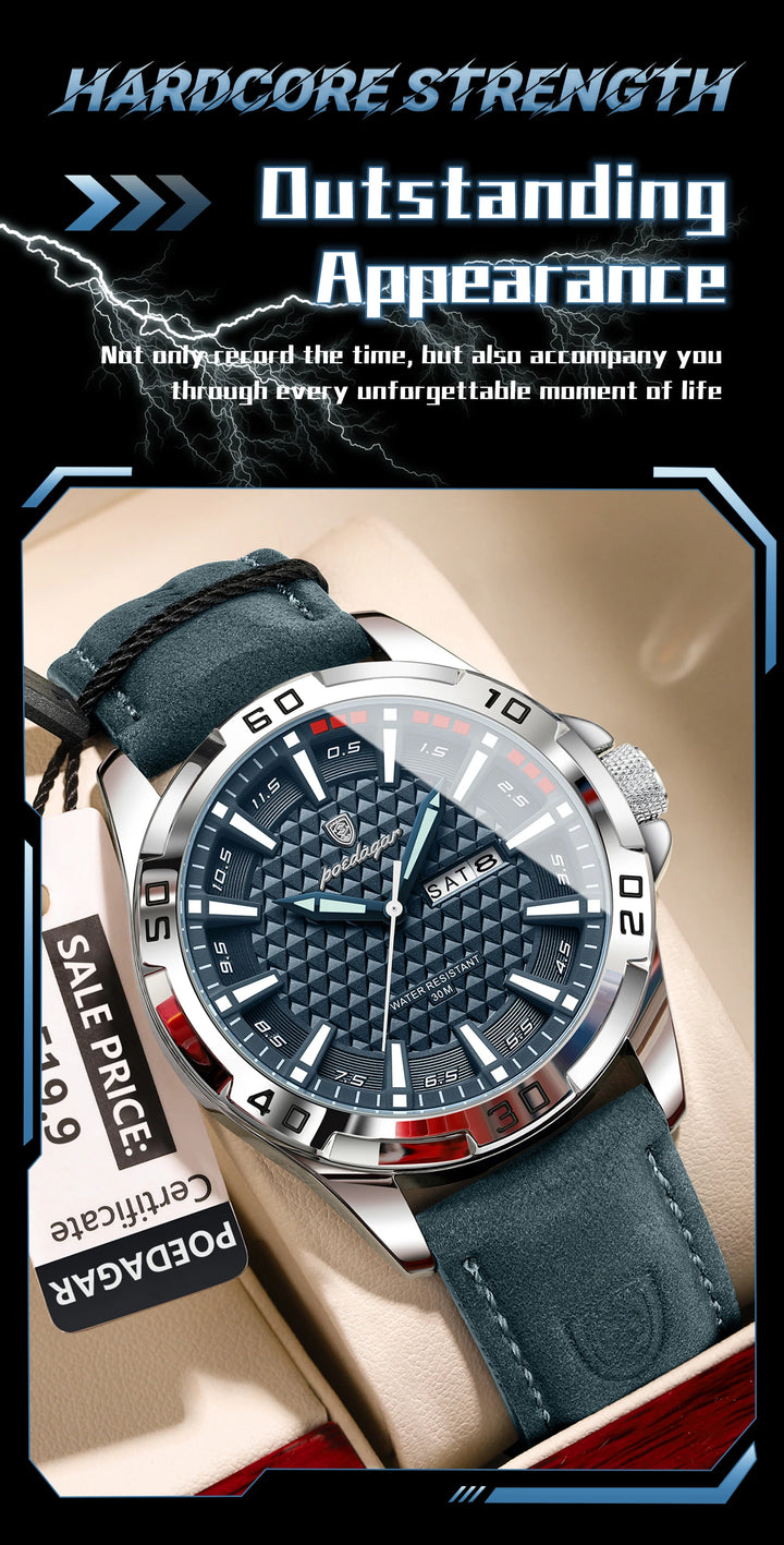 POEDAGAR Original Man Wristwatch Top Luxury Waterproof Luminous Date Week Watch For Men Quartz Sport Leather Men's Watches Reloj