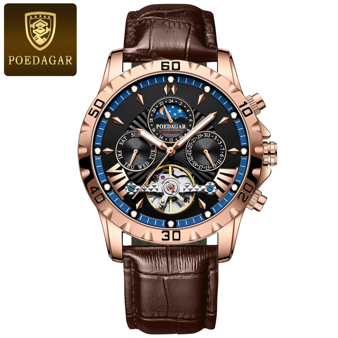 POEDAGAR Luxury Automatic Mechanical Men Watch Hollow Tourbillon Waterproof Luminous Male Clock Week Date Business Men's Watches