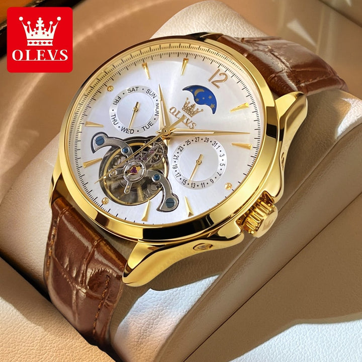 OLEVS Men Watches Mechanical Luxury Waterproof Moon Phase Date Skeleton Stainless steel Leather Strap Automatic Men's Watch