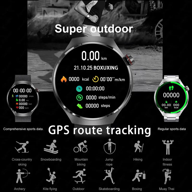 2023 nfc açúcar no sangue relógio inteligente masculino gt4 pro amoled 454*454 tela hd altitude bluetooth chamada bússola gps movimento rastreamento relógio
