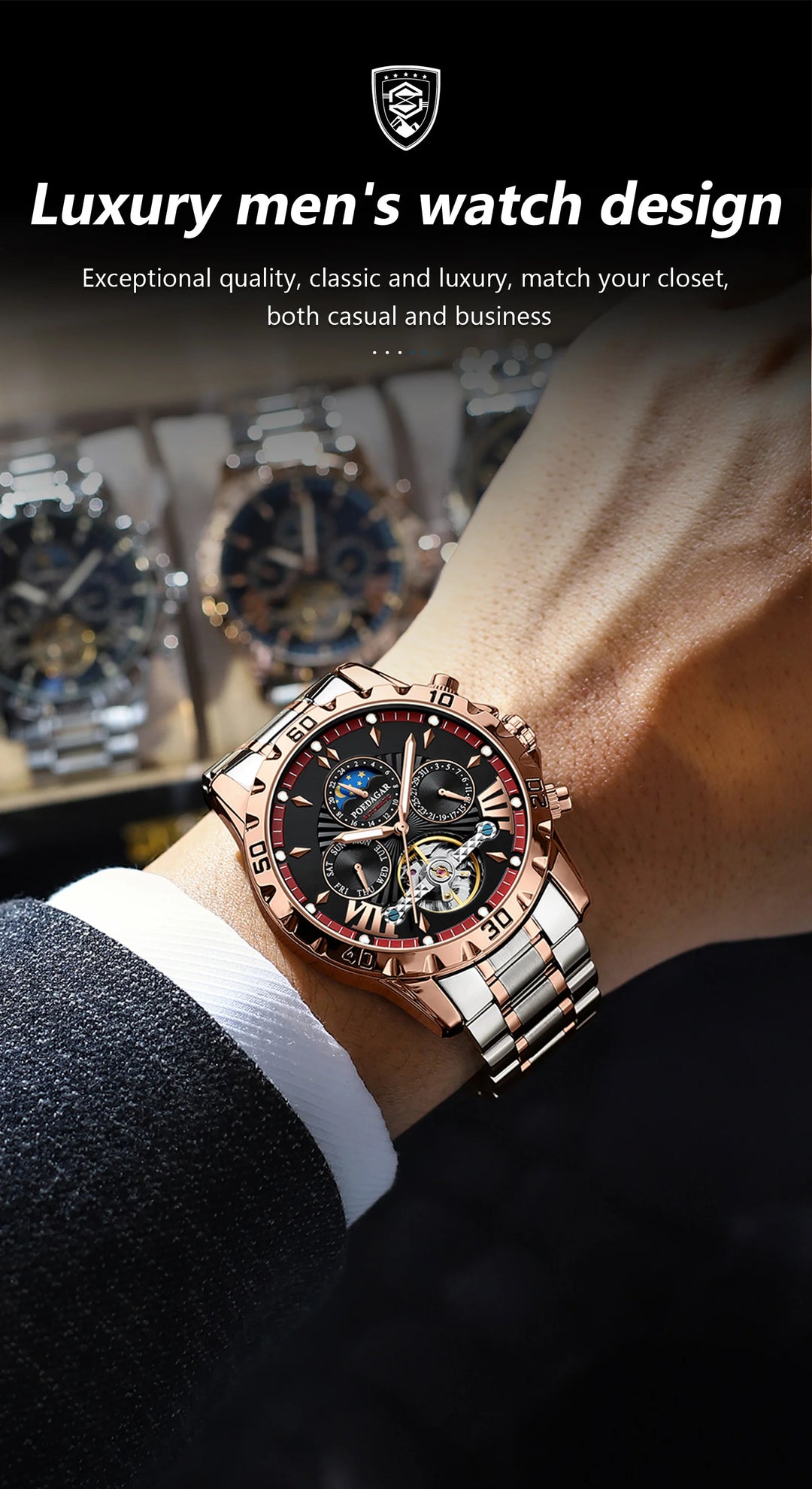 POEDAGAR Luxury Automatic Mechanical Men Watch Hollow Tourbillon Waterproof Luminous Male Clock Week Date Business Men's Watches