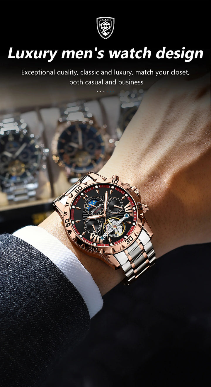 POEDAGAR Luxury Automatic Mechanical Men Watch Hollow Tourbillon Waterproof Luminous Male Clock Week Date Business Men's Watches