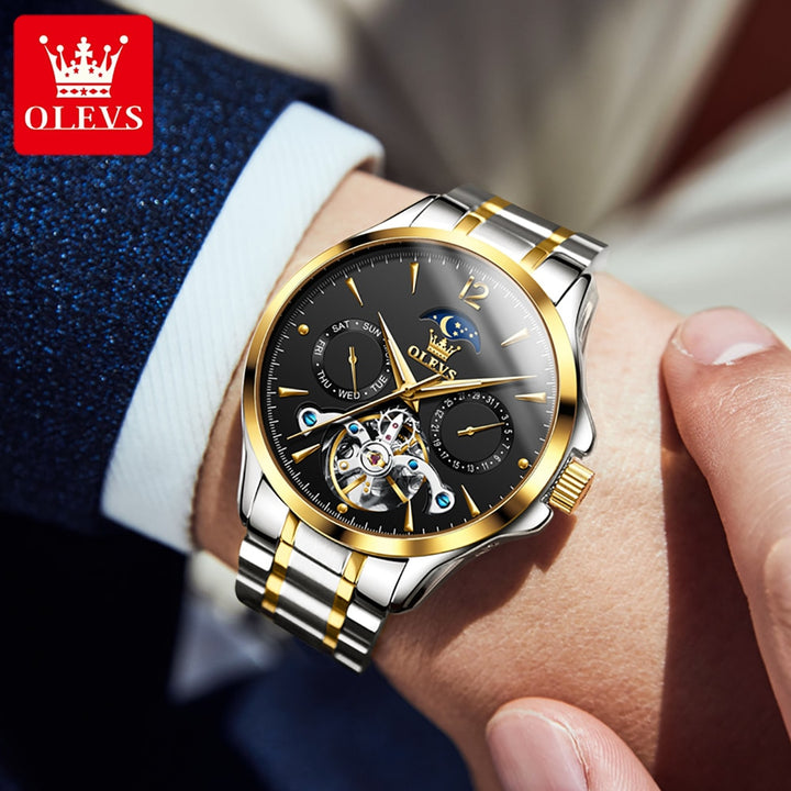 OLEVS Men Watches Mechanical Luxury Waterproof Moon Phase Date Skeleton Stainless steel Leather Strap Automatic Men's Watch