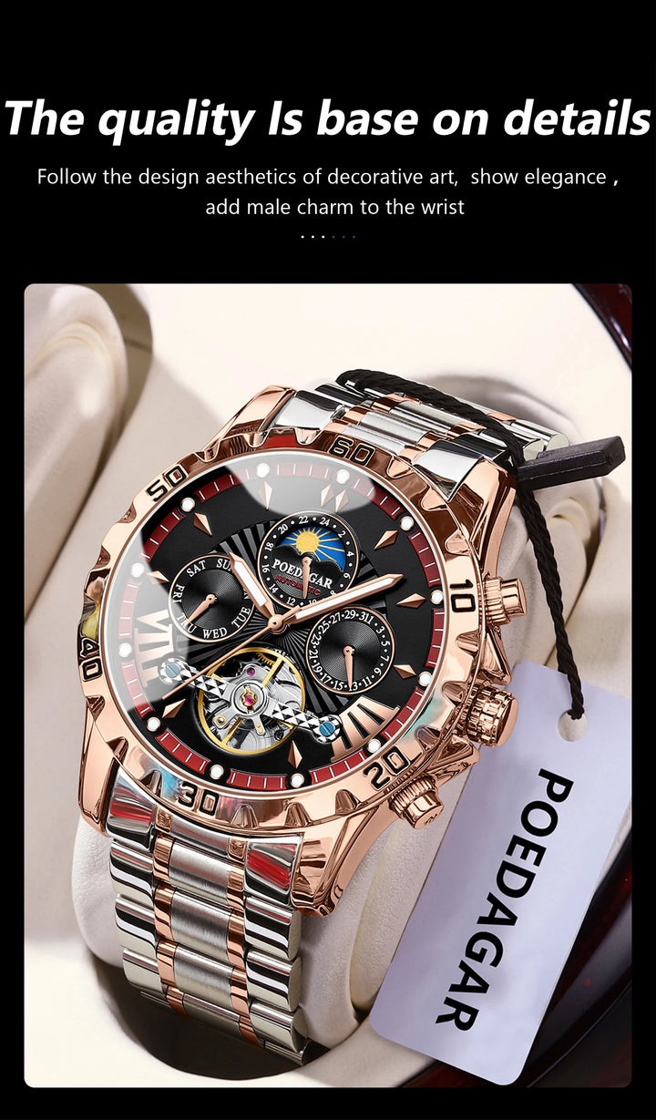 POEDAGAR Luxury Automatic Mechanical Men Watch Hollow Tourbillon Waterproof Luminous Male Clock Week Date Business Men's Watches