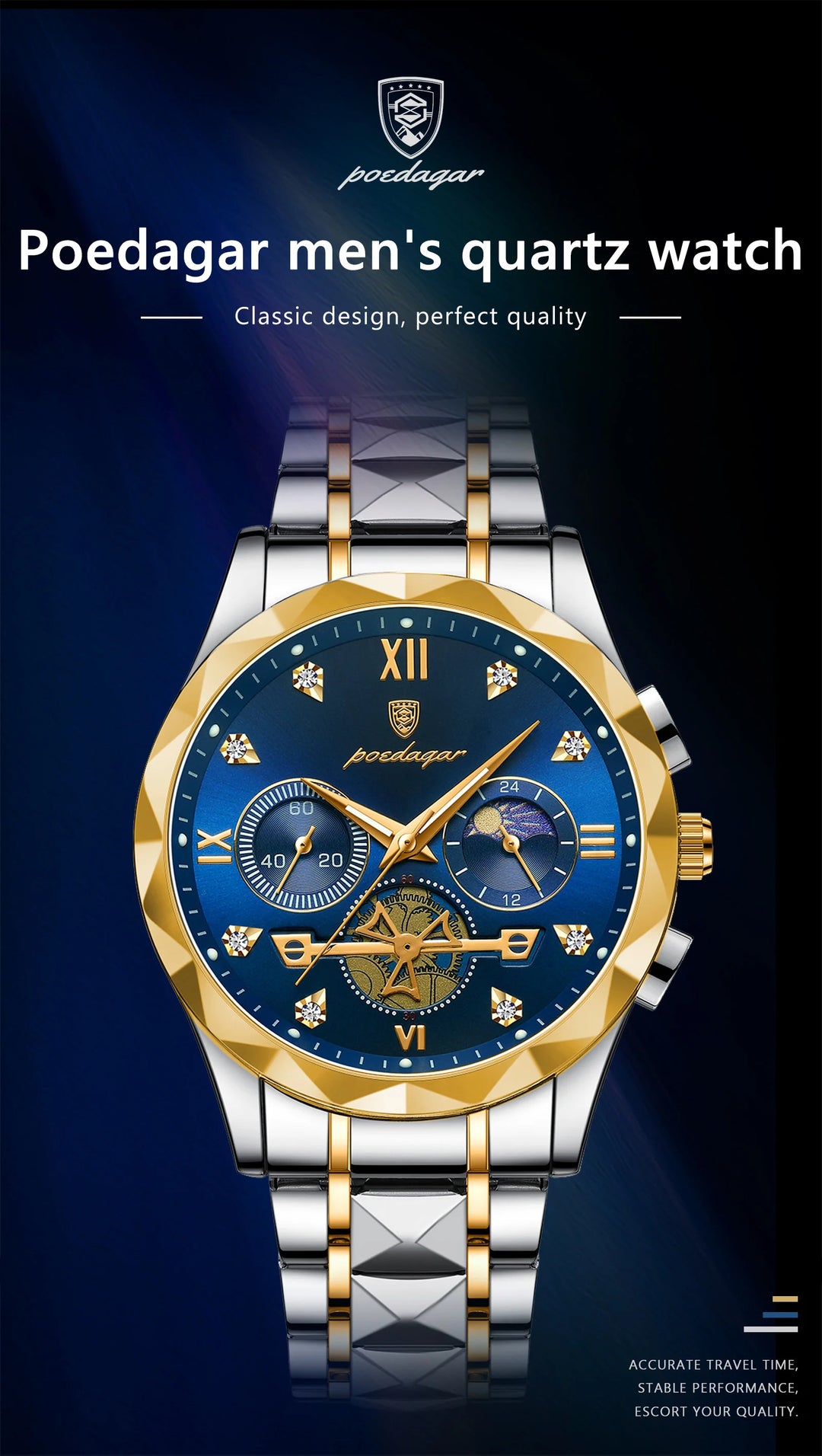 POEDAGAR Luxury Man Wristwatch Waterproof Luminous Chronograph Watch for Men