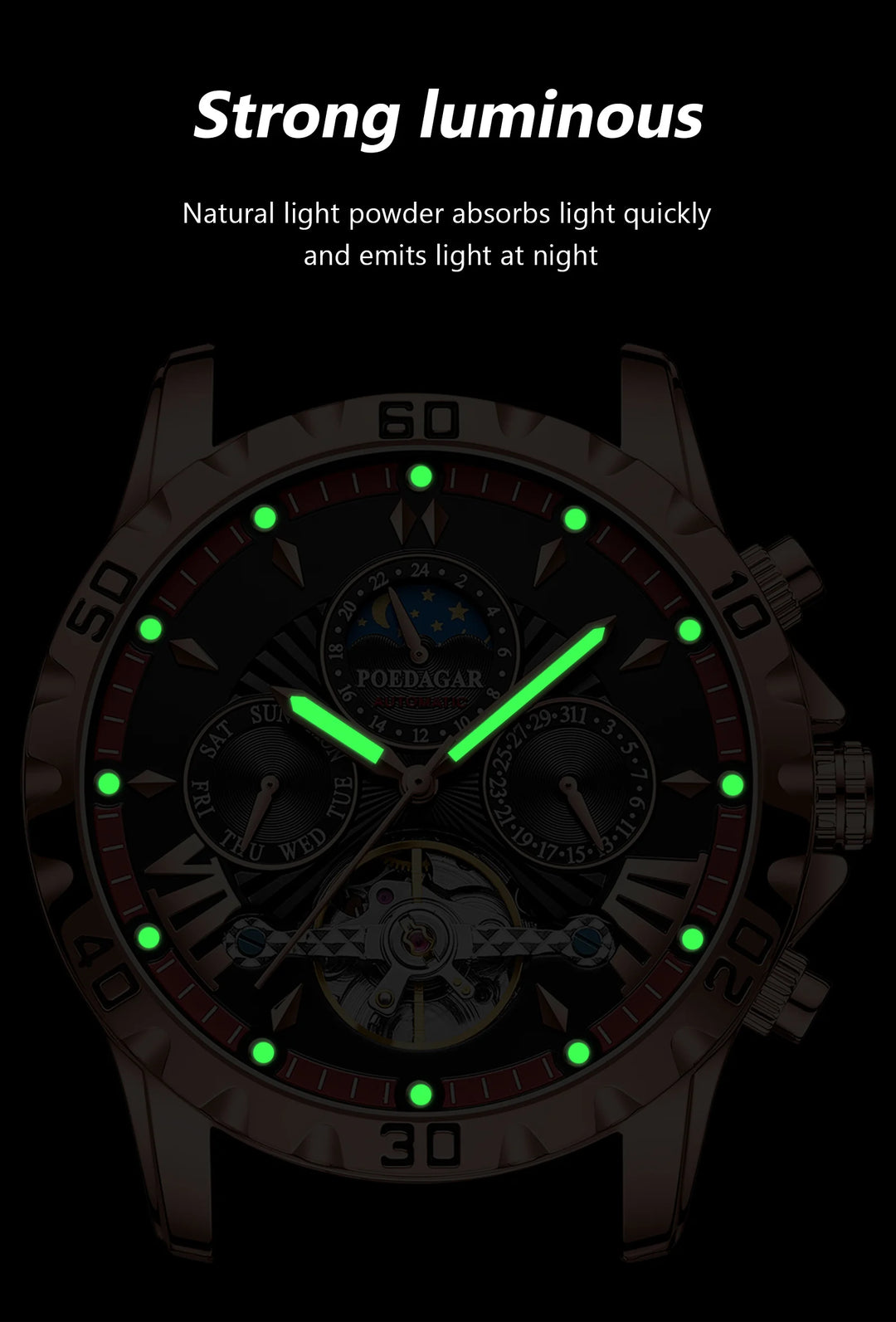 POEDAGAR Luxury Automatic Mechanical Men Watch Hollow Tourbillon Waterproof Luminous Male Clock Week Date Business Men's Watches