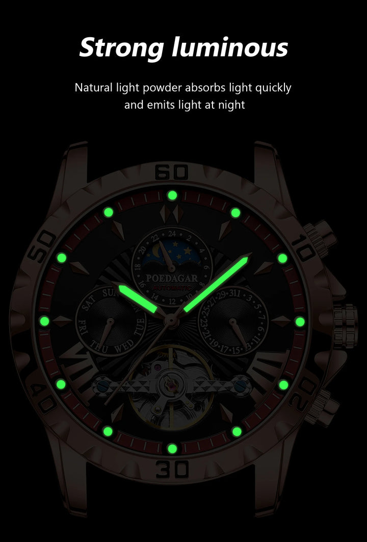 POEDAGAR Luxury Automatic Mechanical Men Watch Hollow Tourbillon Waterproof Luminous Male Clock Week Date Business Men's Watches