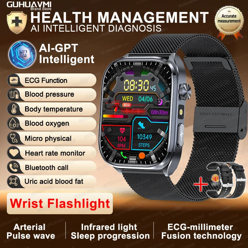 2025 New AI Intelligent ECG Health Smartwatches Men Blood Lipids Uric Acid Heart Rate 2.5D Dynamic UI Bluetooth Call Smart Watch