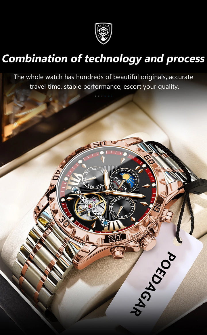 POEDAGAR Luxury Automatic Mechanical Men Watch Hollow Tourbillon Waterproof Luminous Male Clock Week Date Business Men's Watches