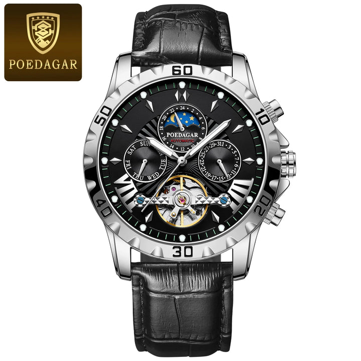 POEDAGAR Luxury Automatic Mechanical Men Watch Hollow Tourbillon Waterproof Luminous Male Clock Week Date Business Men's Watches