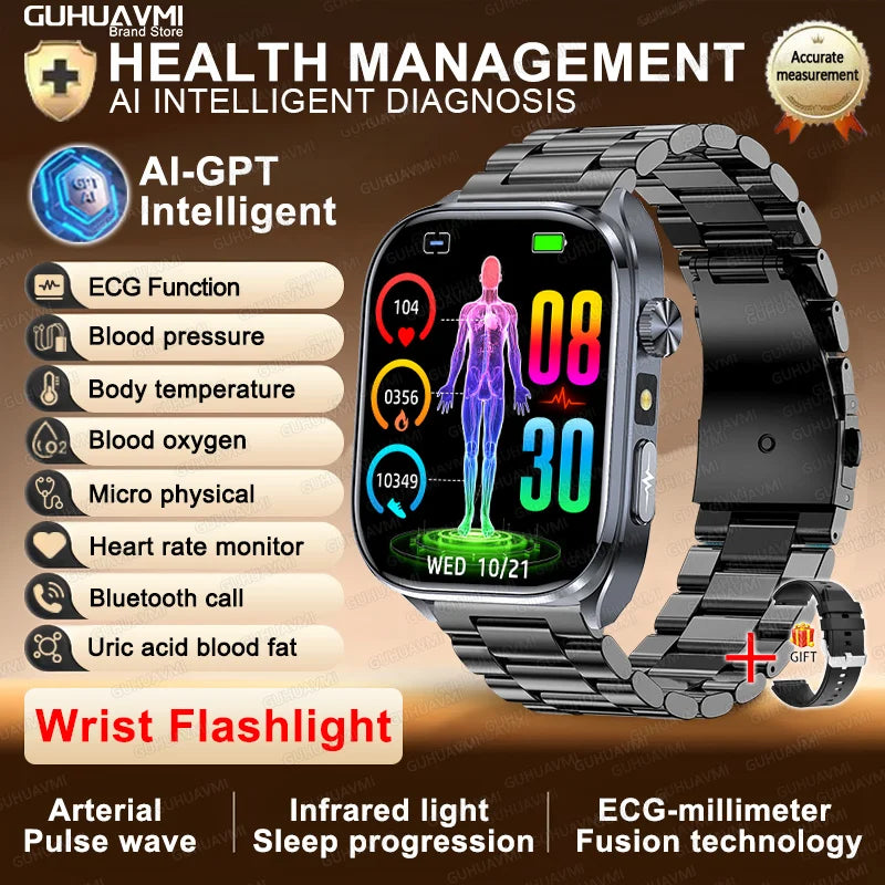 2025 New AI Intelligent ECG Health Smartwatches Men Blood Lipids Uric Acid Heart Rate 2.5D Dynamic UI Bluetooth Call Smart Watch
