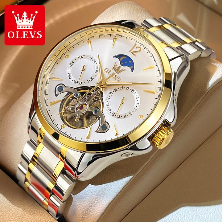OLEVS Men Watches Mechanical Luxury Waterproof Moon Phase Date Skeleton Stainless steel Leather Strap Automatic Men's Watch