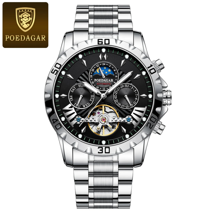 POEDAGAR Luxury Automatic Mechanical Men Watch Hollow Tourbillon Waterproof Luminous Male Clock Week Date Business Men's Watches