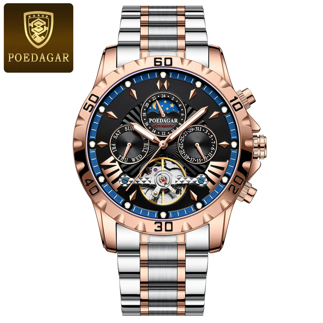 POEDAGAR Luxury Automatic Mechanical Men Watch Hollow Tourbillon Waterproof Luminous Male Clock Week Date Business Men's Watches