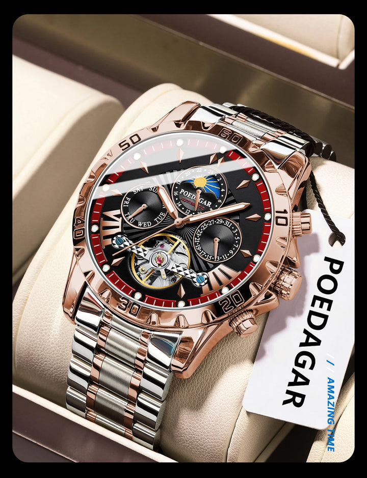 POEDAGAR Luxury Automatic Mechanical Men Watch Hollow Tourbillon Waterproof Luminous Male Clock Week Date Business Men's Watches