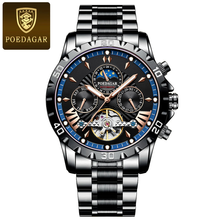 POEDAGAR Luxury Automatic Mechanical Men Watch Hollow Tourbillon Waterproof Luminous Male Clock Week Date Business Men's Watches