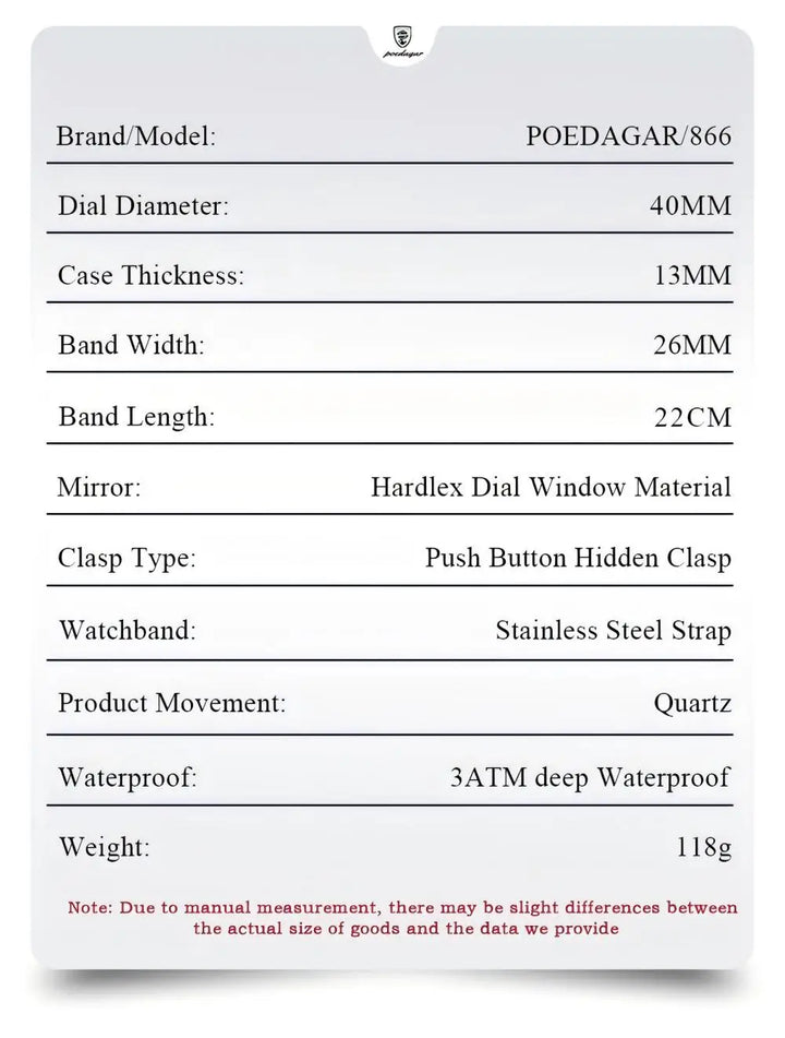 POEDAGAR Imperial Chronograph -  Swiss Luminous Luxury Quartz Men’s Watch