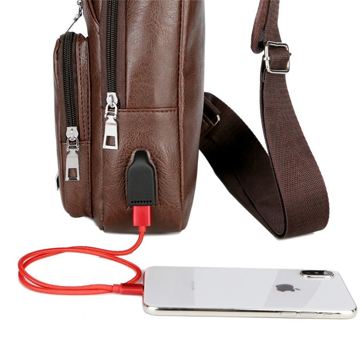 Bolsa de peito para carregamento USB com orifício para fone de ouvido