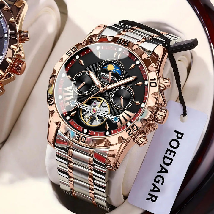 POEDAGAR Luxury Automatic Mechanical Men Watch Hollow Tourbillon Waterproof Luminous Male Clock Week Date Business Men's Watches