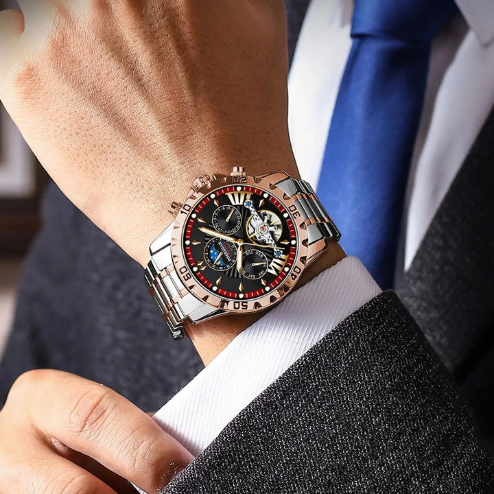 POEDAGAR Luxury Automatic Mechanical Men Watch Hollow Tourbillon Waterproof Luminous Male Clock Week Date Business Men's Watches