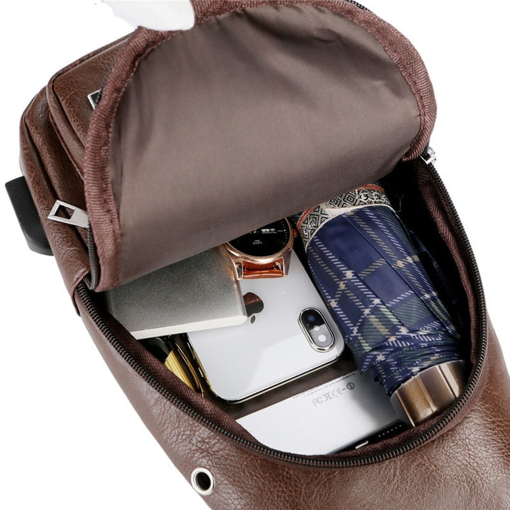Bolsa de peito para carregamento USB com orifício para fone de ouvido