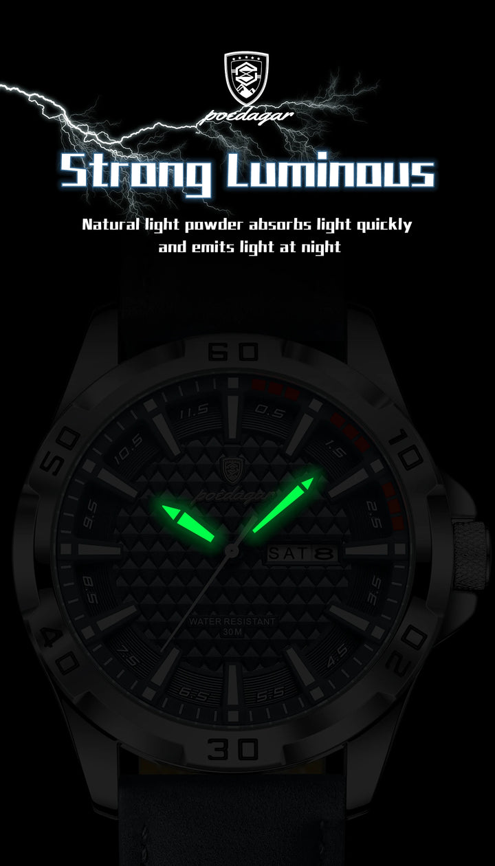 POEDAGAR Original Man Wristwatch Top Luxury Waterproof Luminous Date Week Watch For Men Quartz Sport Leather Men's Watches Reloj