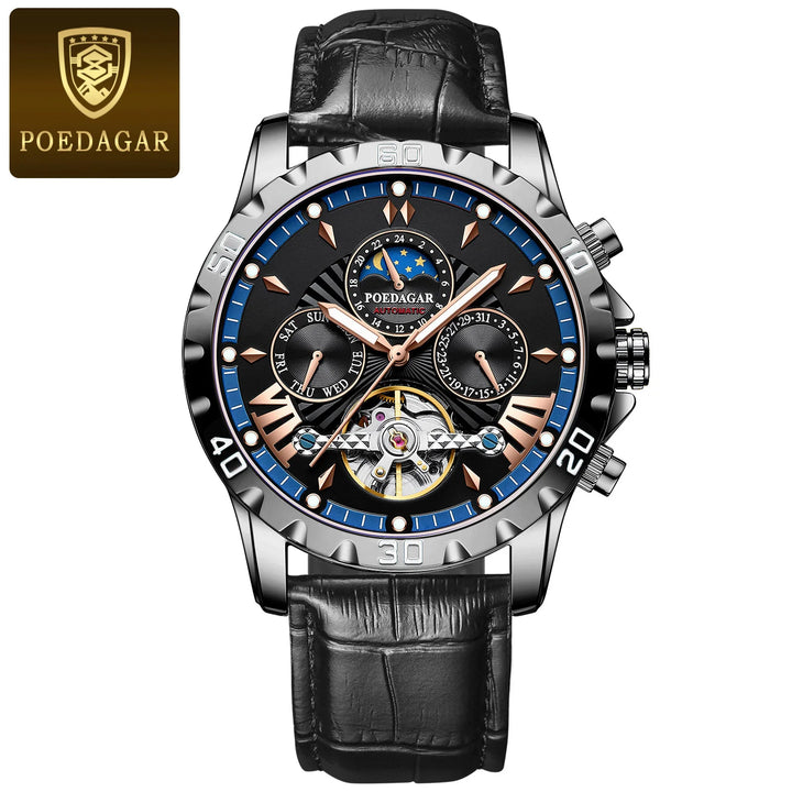 POEDAGAR Luxury Automatic Mechanical Men Watch Hollow Tourbillon Waterproof Luminous Male Clock Week Date Business Men's Watches