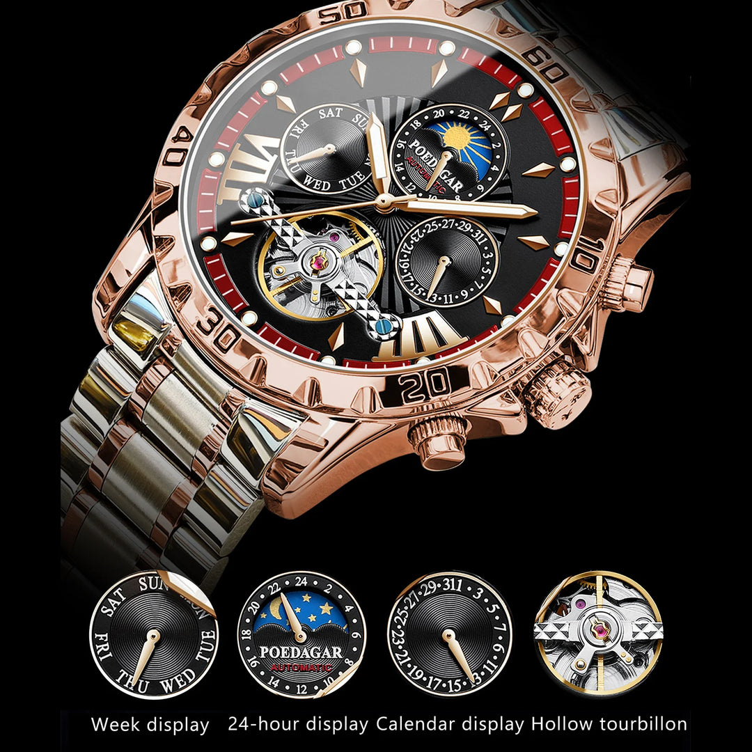 POEDAGAR Luxury Automatic Mechanical Men Watch Hollow Tourbillon Waterproof Luminous Male Clock Week Date Business Men's Watches