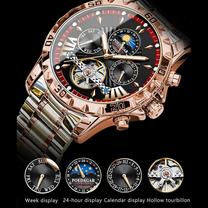 POEDAGAR Luxury Automatic Mechanical Men Watch Hollow Tourbillon Waterproof Luminous Male Clock Week Date Business Men's Watches