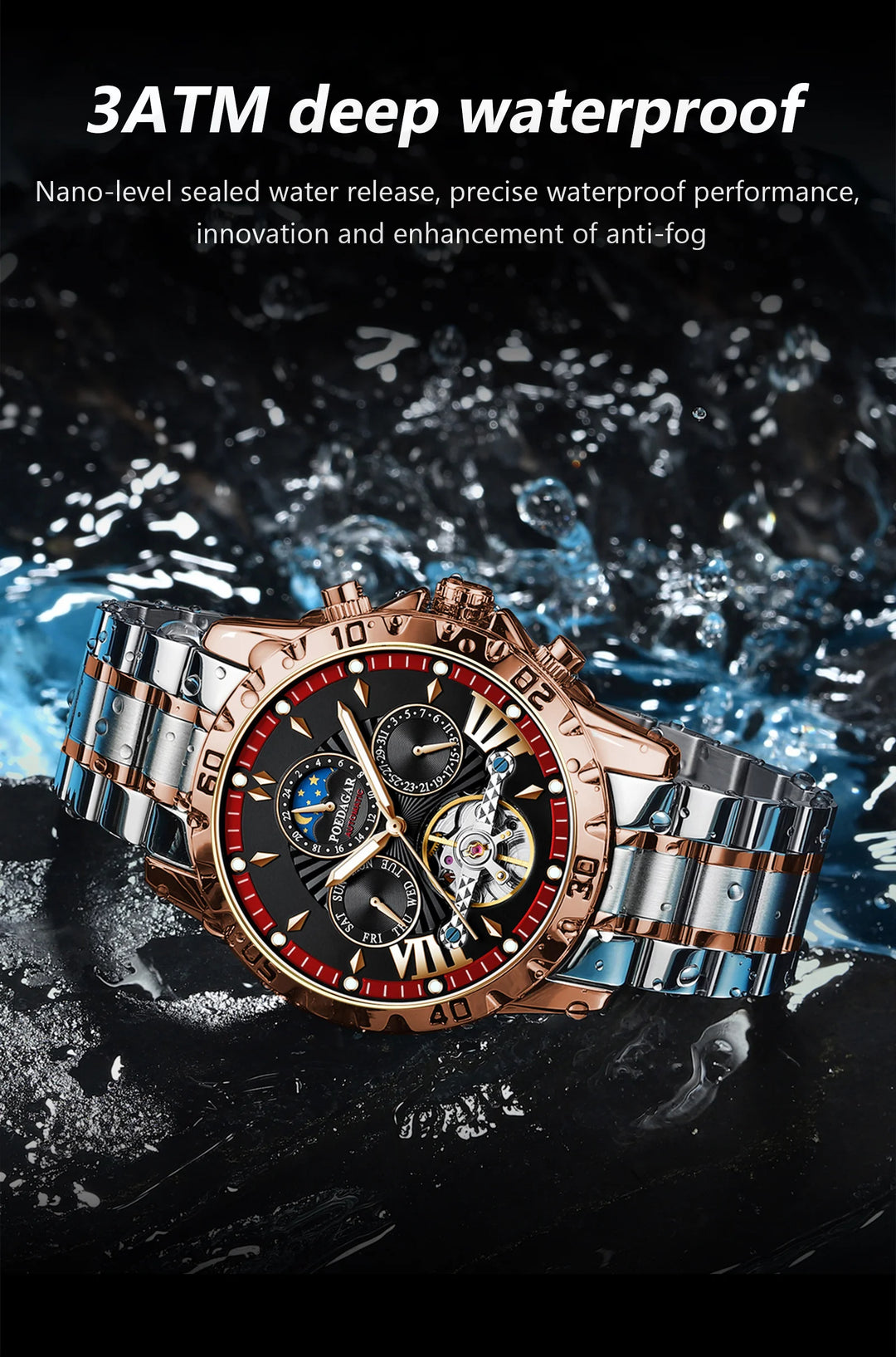 POEDAGAR Luxury Automatic Mechanical Men Watch Hollow Tourbillon Waterproof Luminous Male Clock Week Date Business Men's Watches