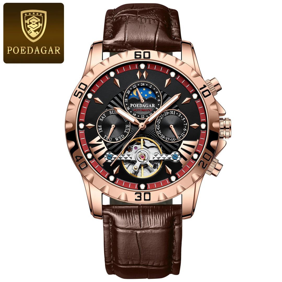 POEDAGAR Luxury Automatic Mechanical Men Watch Hollow Tourbillon Waterproof Luminous Male Clock Week Date Business Men's Watches