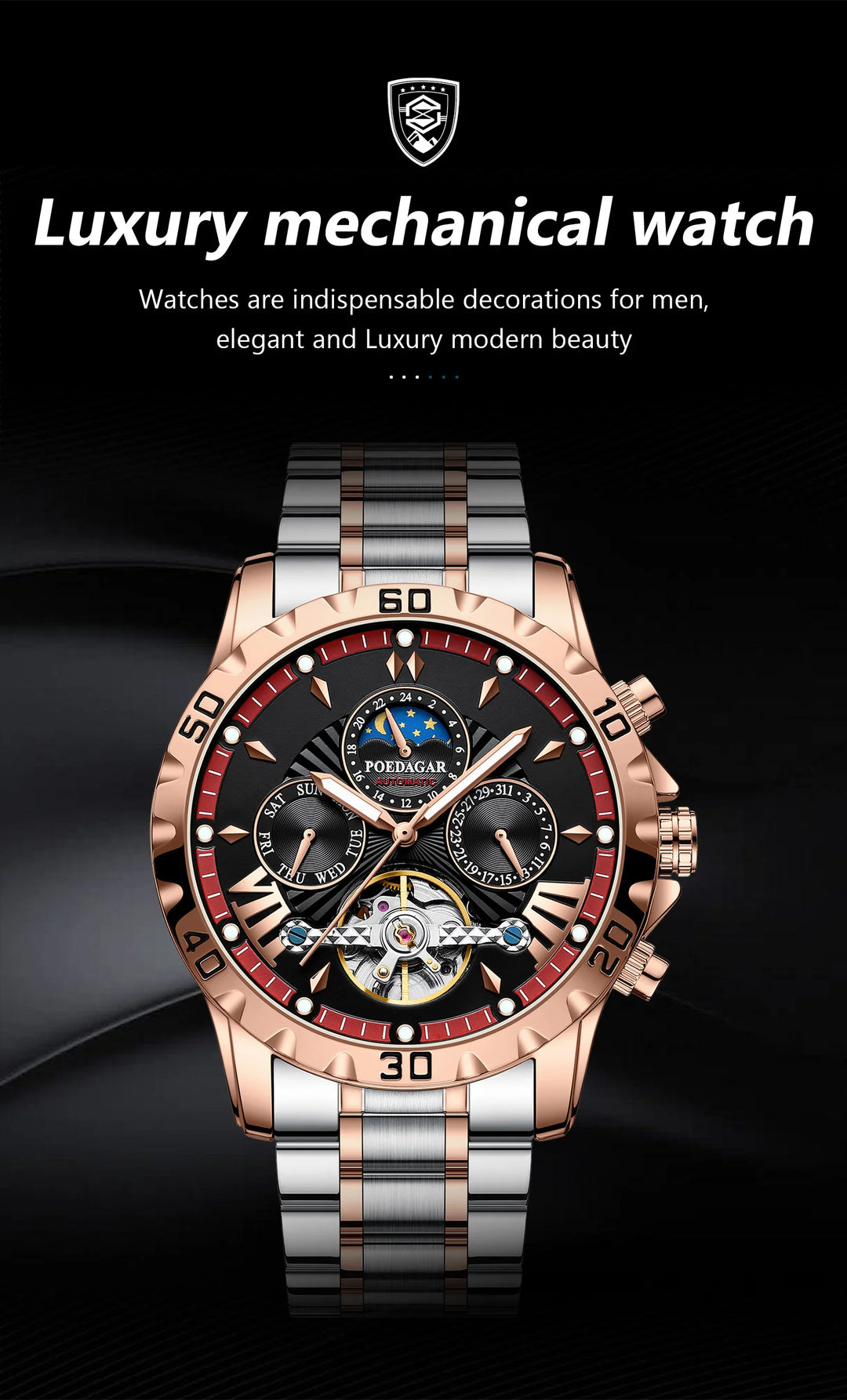 POEDAGAR Luxury Automatic Mechanical Men Watch Hollow Tourbillon Waterproof Luminous Male Clock Week Date Business Men's Watches
