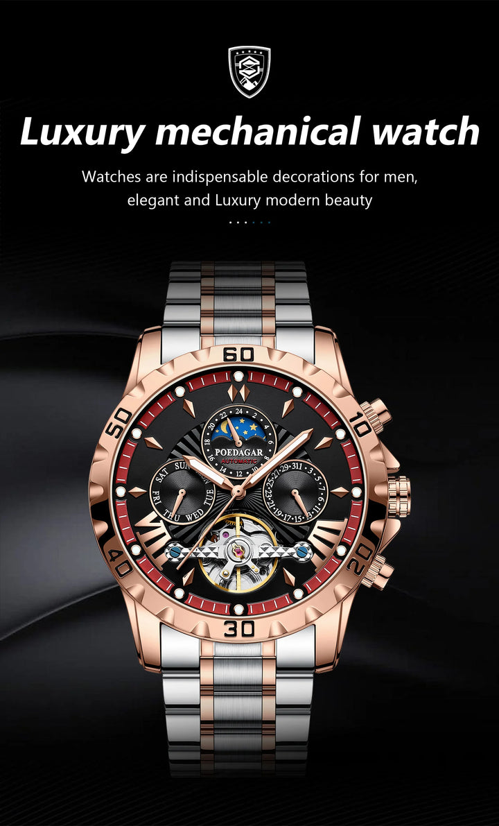 POEDAGAR Luxury Automatic Mechanical Men Watch Hollow Tourbillon Waterproof Luminous Male Clock Week Date Business Men's Watches