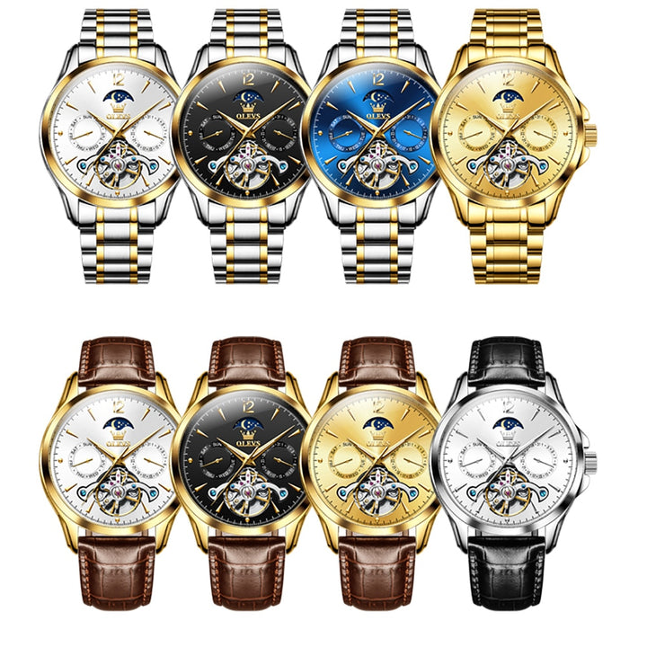 OLEVS Men Watches Mechanical Luxury Waterproof Moon Phase Date Skeleton Stainless steel Leather Strap Automatic Men's Watch